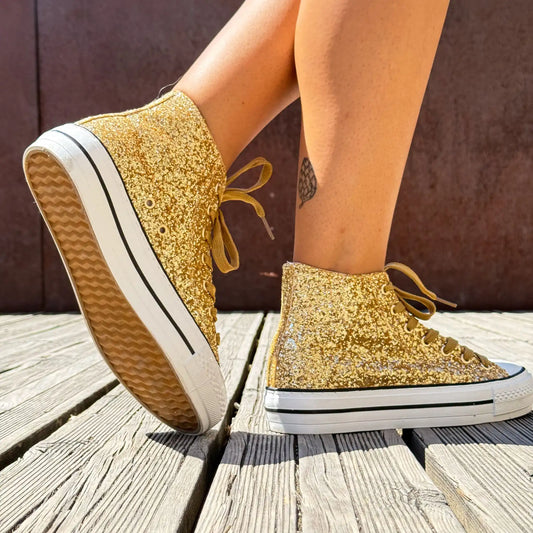 Chaussures femme montantes glitter doré avec lacets