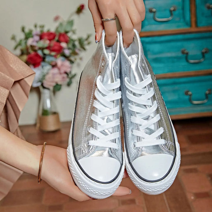 Sneakers femmes montantes à lacets pour femme argentées style chic