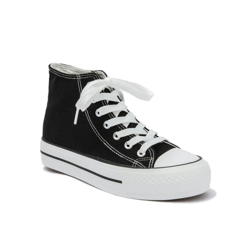 Baskets montantes noires en toile, lacets blancs, semelle contrastante, chaussures tendance