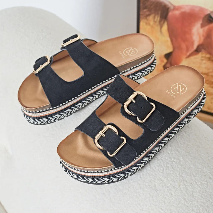 Sandale mules femmes à Plateforme en Suèdine noire avec Boucles dorées pour Femmes