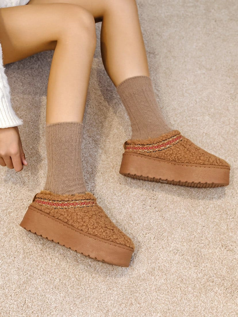 Mules femme plateforme camel à fourrure synthétique