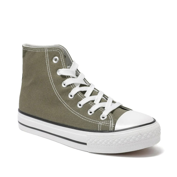 Sneakers montantes vert olive en toile portées, style décontracté, chaussures confortables femmes