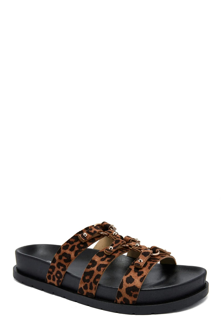 Vue latérale sandales léopard femme confort semelle noire épaisse