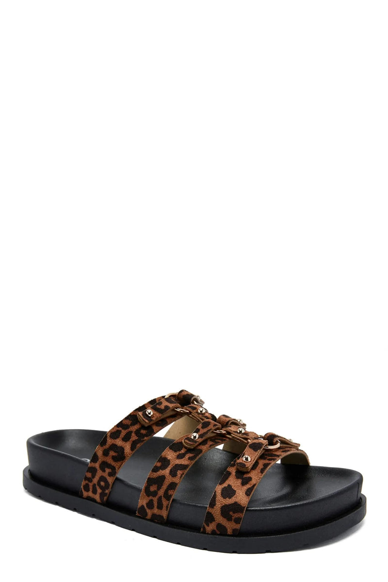Vue latérale sandales léopard femme confort semelle noire épaisse