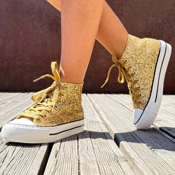 Sneakers femme montantes dorées à paillettes brillantes