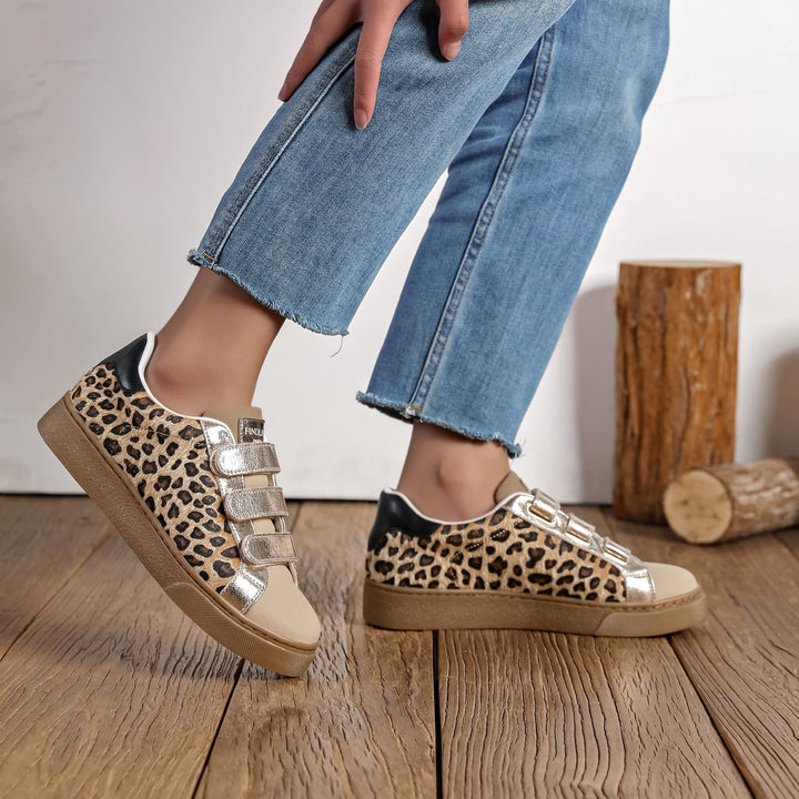Chaussures femme sneakers léopard avec scratch métallisés
