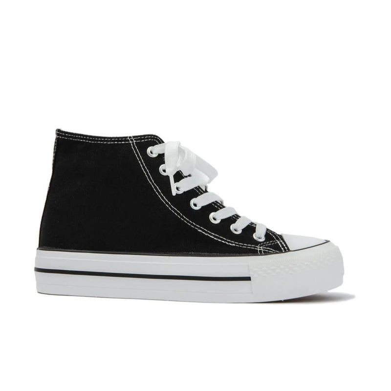 Baskets montantes noires en toile portées, style décontracté, chaussures confortables femmes